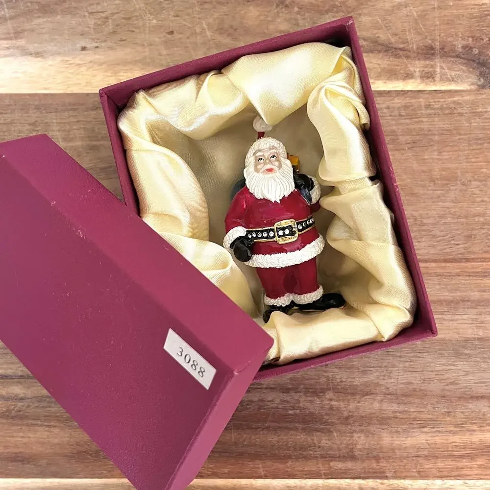Bejeweled Santa Hinged Metal Enamel Trinket Box Santa Sack Gifts Christmas